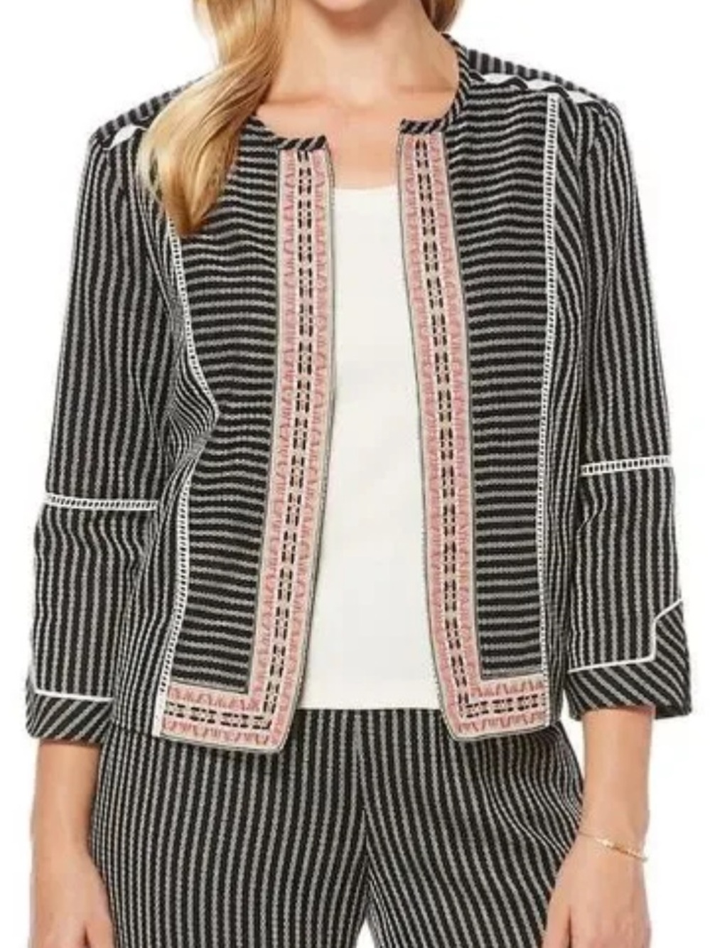 Rafaella Black and White Striped Blazer with Pink Embroidered Trim Size L